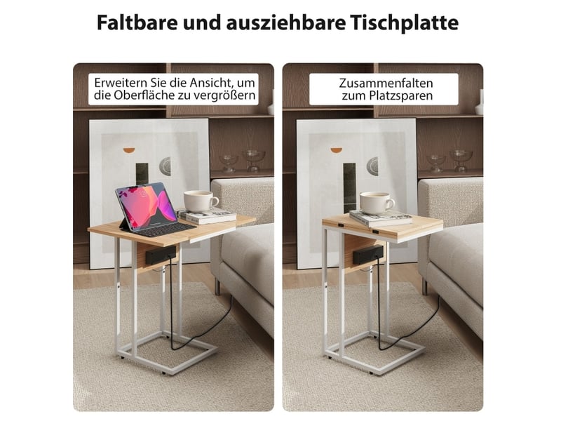 Table d’appoint pliable extensible avec station de charge usb, pieds réglables, pour salon, blanche 39 × 29 × 57 cm - Conforama E