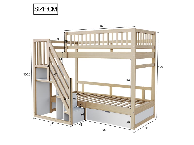  Lit superposé enfant 90x200 cm en bois avec échelle et rangements, blanc et gris  - Conforama C