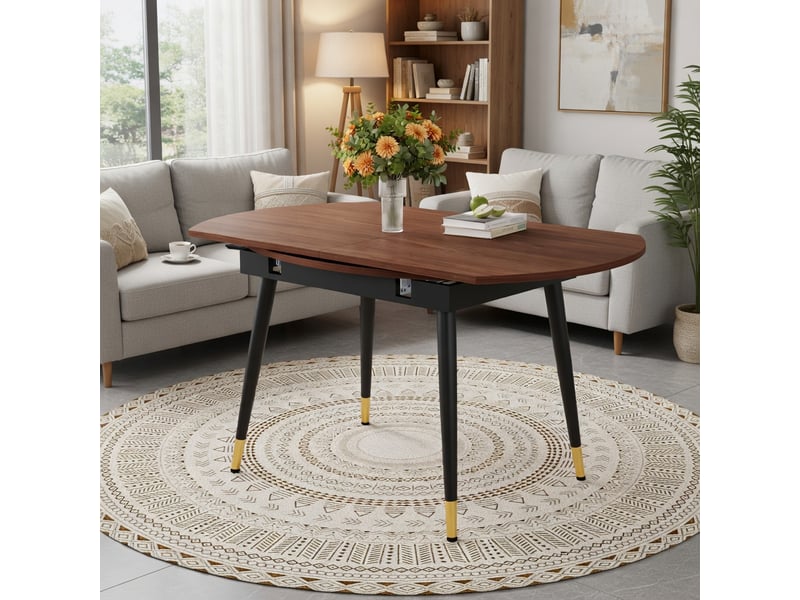  Table à rallonges, pouvant passer d'une forme ronde à une forme ovale, plateau en mdf rehaussé de touches dorées, couleur noyer  - Conforama D