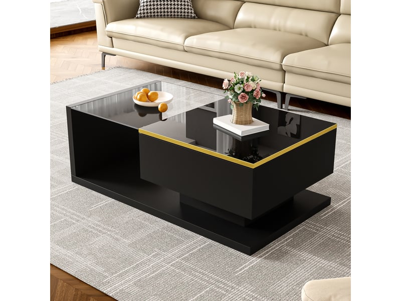  Table basse noire brillante 90 cm, plateau en verre, effet led, design moderne  - Conforama B