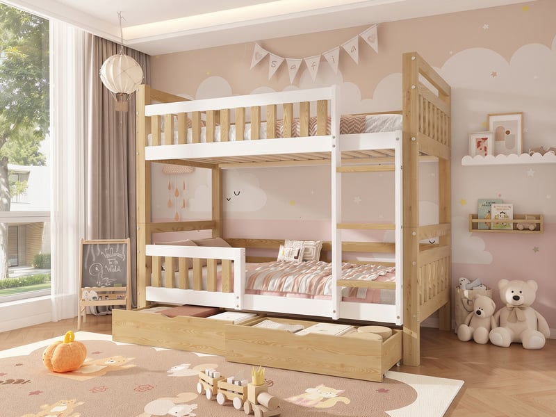  Lit superposé 90 × 200 cm, séparable en 2 lits, 2 tiroirs et échelle intégrée, en pin et mdf, blanc et naturel  - Conforama B
