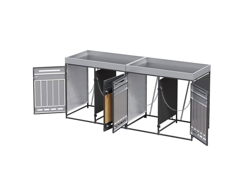  Coffre à poubelles 4 compartiments en métal noir avec jardinière intégrée et portes verrouillables, pour extérieur  - Conforama A