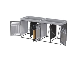 Coffre à poubelles 4 compartiments en métal noir avec jardinière intégrée et portes verrouillables, pour extérieur