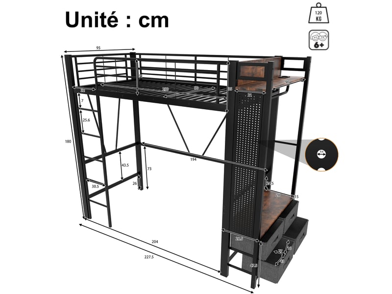  Lit mezzanine lit simple en métal avec 4 tiroirs, étagères, led, usb et type-c, 90x200 cm, sans matelas, noir  - Conforama D