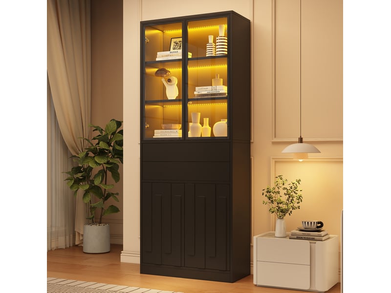  Vitrine led 70x34x180 cm avec 2 tiroirs panneau de particules noir  - Conforama C