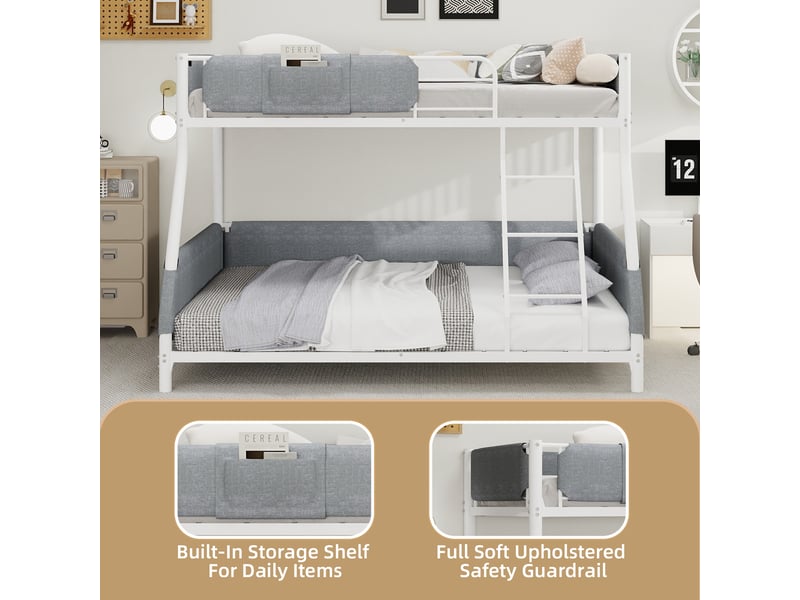  Lit superposé 90x190 + 140x190 cm en métal avec poche de rangement en tissu, barrières rembourrées et échelle - blanc  - Conforama D