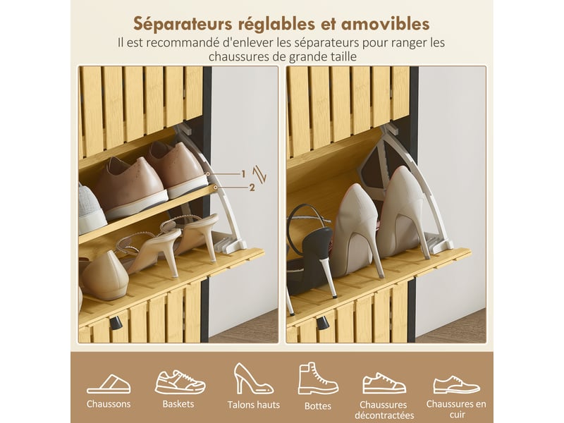  Meuble à chaussures 18 paires avec 3 tiroirs rabattables, portes en bambou à lattes, noir et bois naturel, 60x24x118cm  - Conforama E