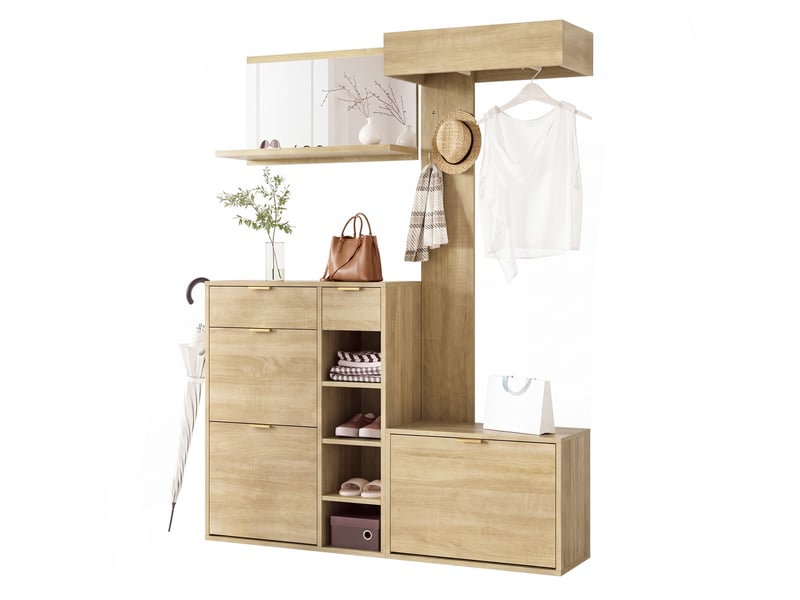 Ensemble d’entrée 4 pièces avec meuble à chaussures, banc, miroir mural et porte-manteau, 130x30x174 cm, naturel - Conforama A