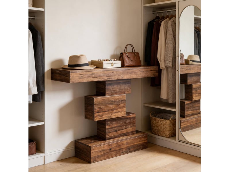 Console à niveaux avec base géométrique pour rangement et décoration, style rustique, pour entrée et salon, bois brun foncé - Conforama C