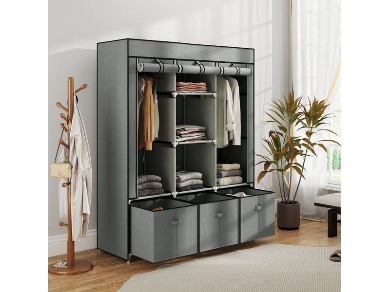  Armoire en tissu 125x43x162,5 cm avec barre de penderie, tiroirs, fermeture zippée, métal, gris clair  - Conforama D