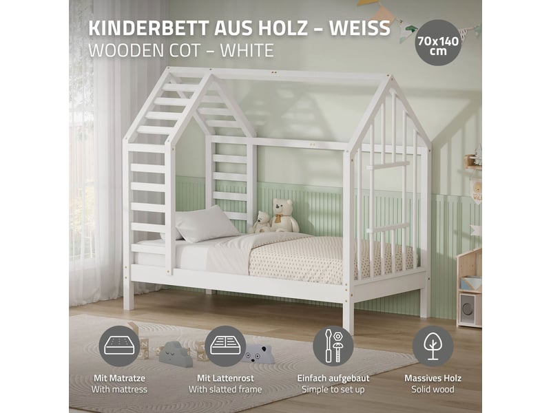  Ml-design lit cabane enfant avec matelas et sommier en bois de pin massif 70x140 cm, blanc, forme de maison avec toit et fenêtre, cadre montessori robuste pour filles et garçons, charge max. 80 kg ECD Germany GmbH - Conforama B