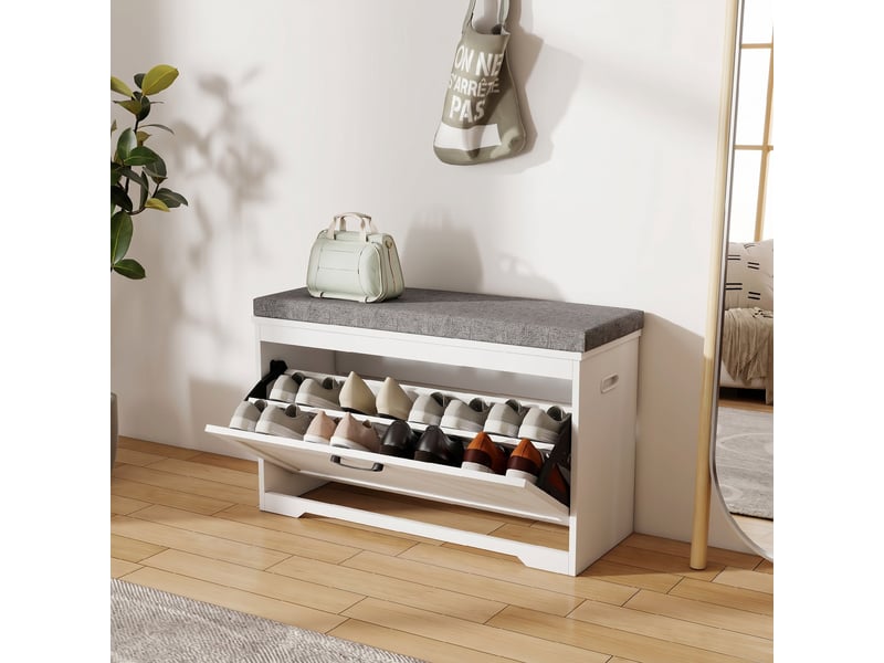 Banc à chaussures, banc d'entrée moderne avec siège rembourré, tiroir basculant et étagère ajustable, blanc, 80x30x50cm - Conforama W