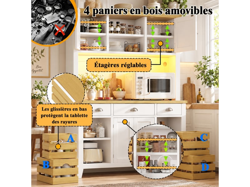 Armoire haute de rangement avec portes, étagères réglables, paniers et éclairage led rgb - blanc - Conforama B