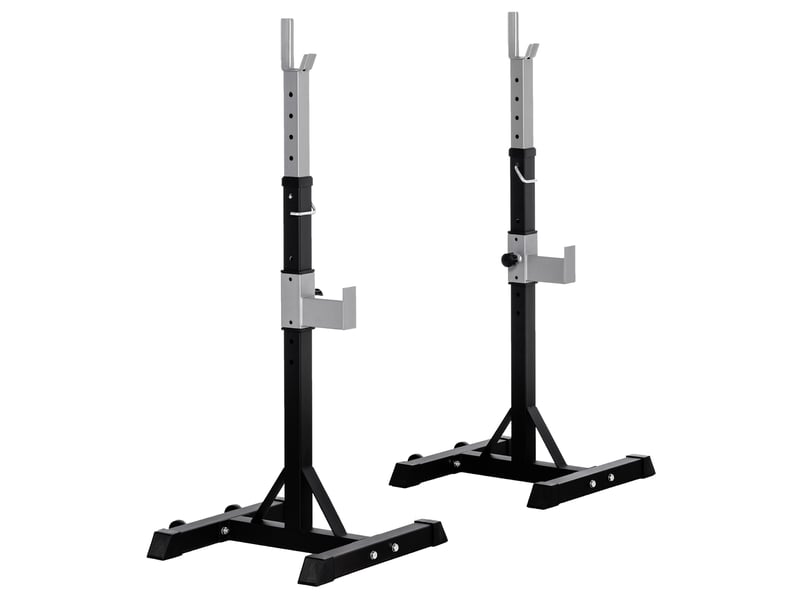  Ensemble de 2 supports pour haltères en acier, 2 crochets à hauteur réglable, capacité de charge 150 kg, 55 x 57 x 105-170 cm, noir  - Conforama B