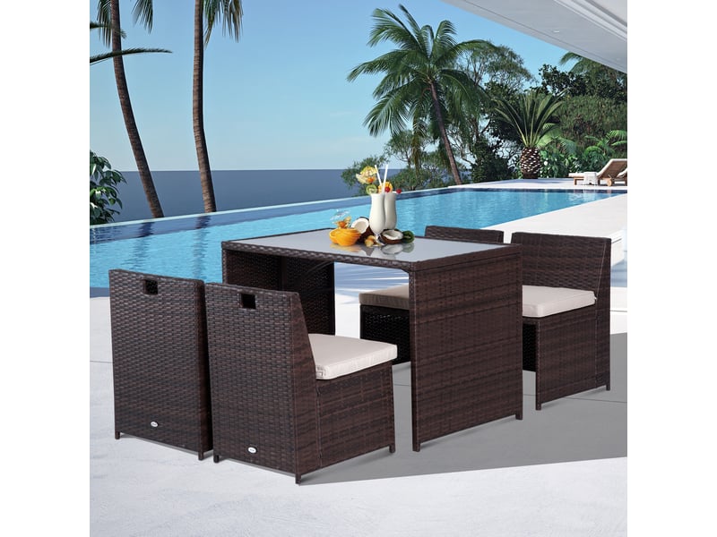  Salon de jardin 5 pièces polyrattan braun khaki avec table 4 chaises coussins terrasse balkon gartenmöbel wetterfest  - Conforama B