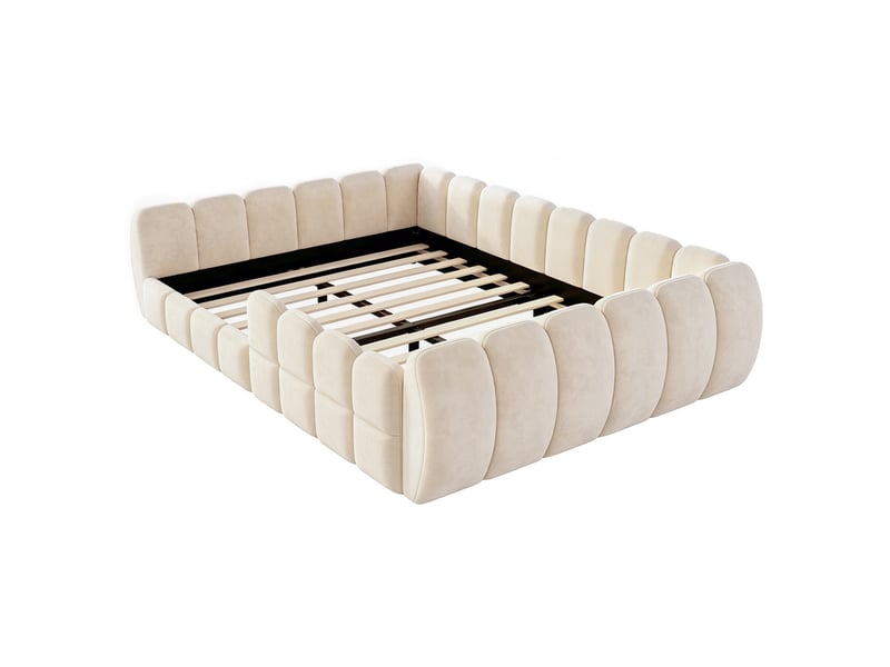  Lit enfant au sol 140x200 cm à entourage capitonné fermé, coins arrondis et revêtement velours beige Fay Lum - Conforama D