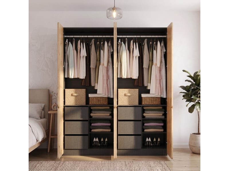  Armoire 180x50x200 cm, armoire penderie, dressing, meuble de chambre, 8 portes, 6 tiroirs, 2 tringles penderie, mdf, bois naturel CozyNest - Conforama E