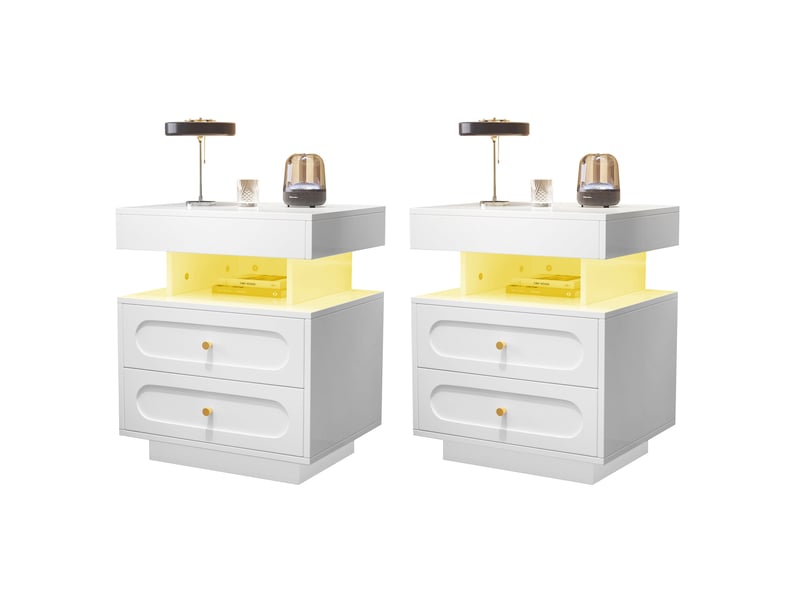  Table de chevet led 100x40x60 cm avec 2 tiroirs et 1 espace ouvert en panneau de particules blanc  - Conforama A