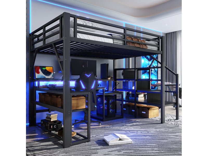 Lit mezzanine 140x200 cm en métal avec bureau, rangements, led et usb, noir - Conforama B