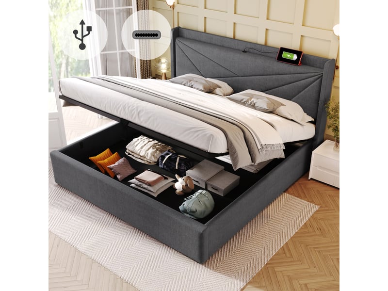  Lit coffre adulte 160x200 cm, port usb type-c, tête de lit, sommier, coton lin gris, matelas inclus  - Conforama W
