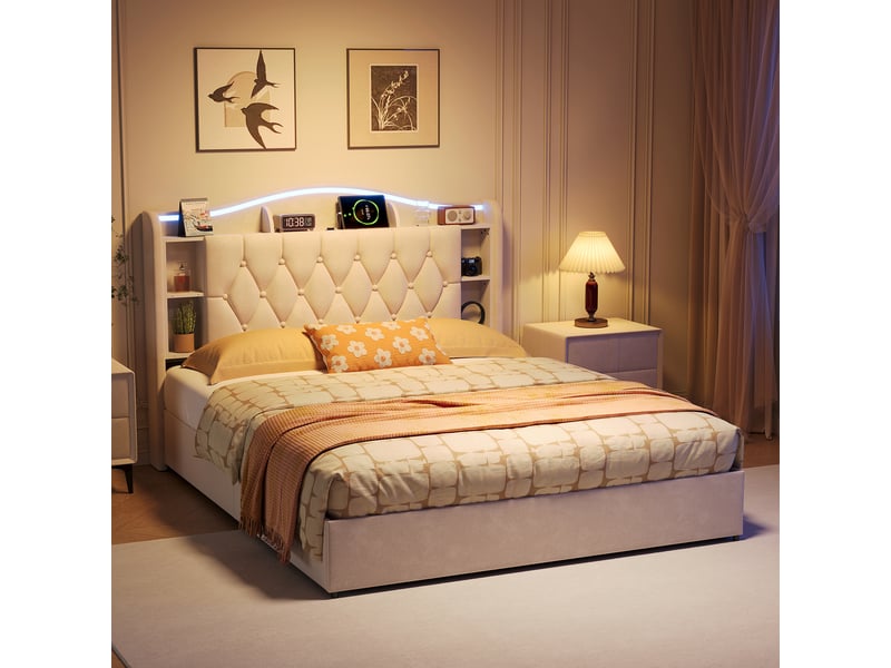  Lit coffre 140x190 cm avec éclairage rgb réglable, tête de lit étagère et prise usb type-c chargeur, structure solide en velours capitonnée, beige  - Conforama R
