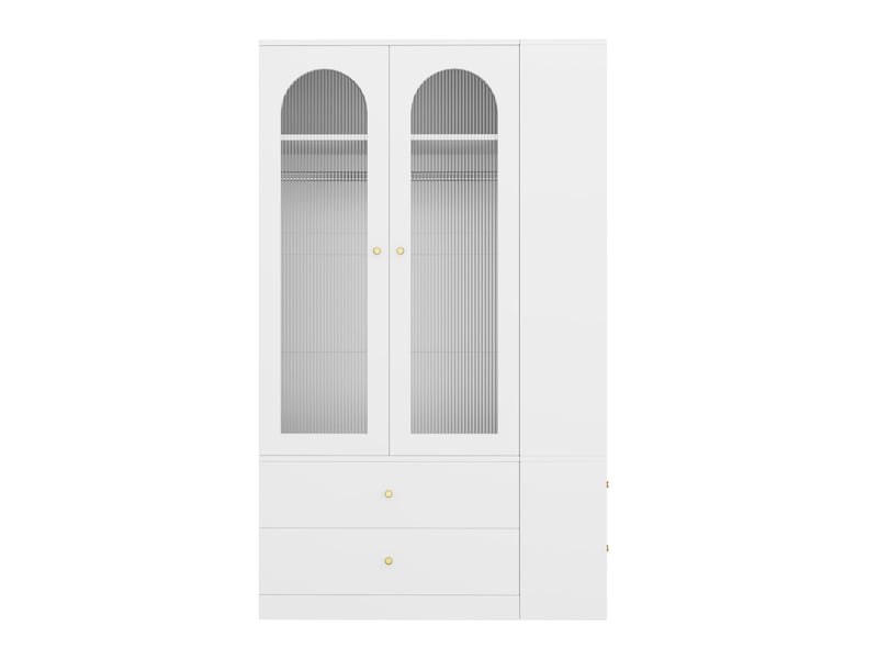  Armoire penderie 120 x 50 x 200 cm blanche, mdf, acier et verre, 4 tiroirs, 2 portes vitrées, 2 tringles  - Conforama D