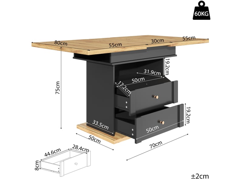 Table à manger extensible, 110-140x80 cm, repas, salle à manger, design moderne, pratique, mdf, coloris noir et naturel - Conforama C