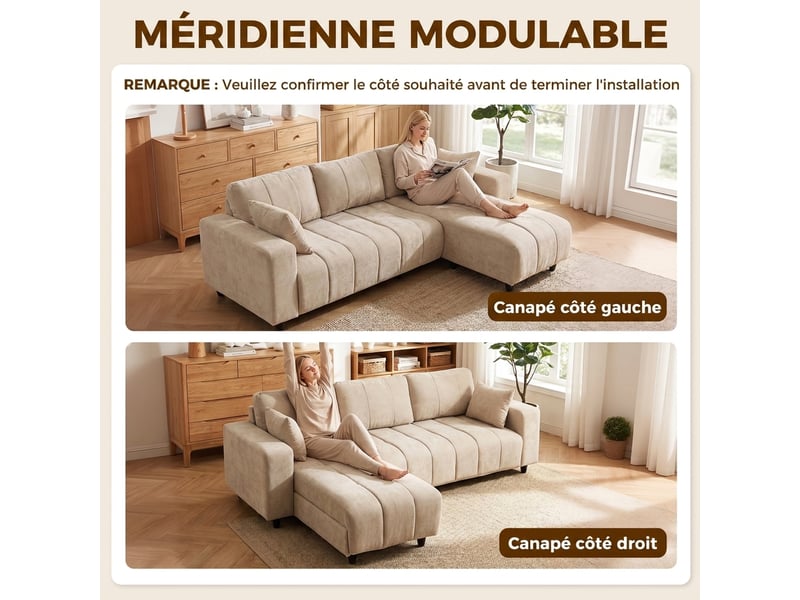  Canapé d'angle modulable 242 cm, canapé 4 places en l avec méridienne réversible, 2 oreillers, tissu aspect lin, beige  - Conforama D