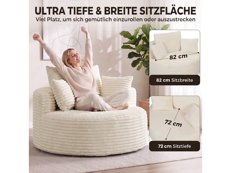  Fauteuil lounge à assise profonde  - 4 coussins, mousse intégrale, velours côtelé - crème  - Conforama E