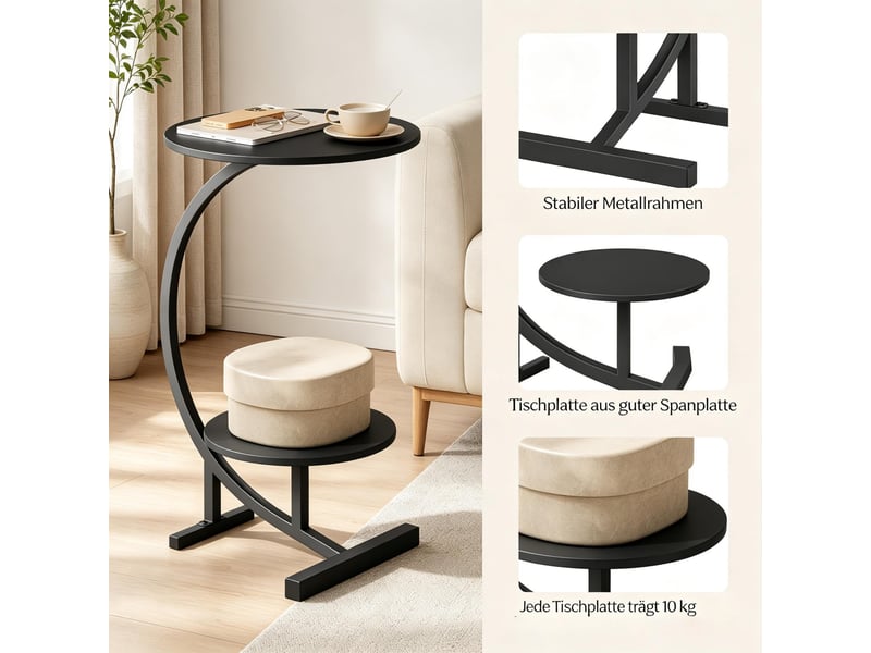  Table de chevet avec 2 plateaux de rangement, structure en métal, style moderne, pour chambre et salon, noir  - Conforama E