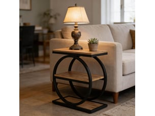 Table d'appoint 3 niveaux avec 3 étagères de rangement style industriel pour salon en mdf et métal noir et brun