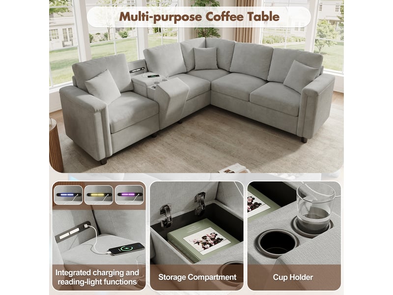  Canapé d'angle 5 places en tissu chenille gris clair, 235×208×83 cm, console avec rangement, porte-gobelets, ports usb  - Conforama R