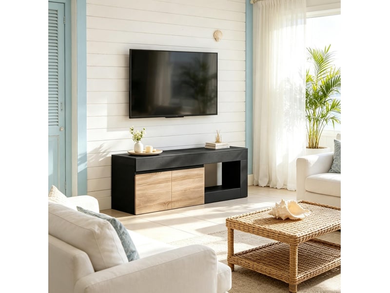  Meuble tv 140 cm noir et décor bois clair, 2 portes, niche ouverte, jusqu’à 60 pouces  - Conforama E