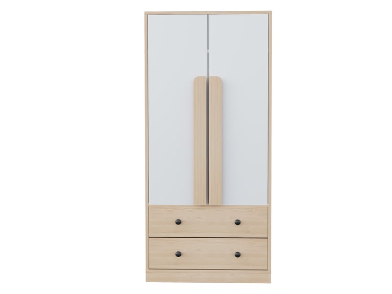 Armoire 70x40x170 cm bois naturel et blanc, 2 portes, tiroirs et étagères de rangement - Conforama A
