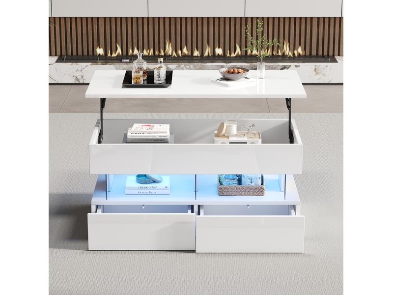  Table basse relevable 100x50x46 cm avec rangement caché et 2 tiroirs, éclairage led, style simple, salon, mdf, blanc  - Conforama D
