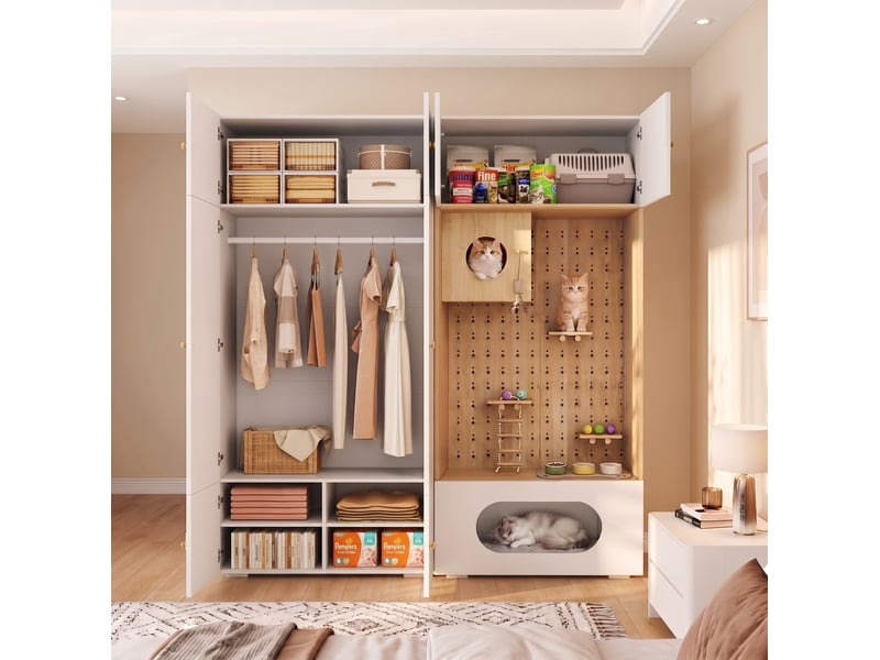 Armoire modenvie 180 x 50 x 200 cm avec rangement vêtements et espace félin, panneaux de particules blanc et aspect bois - Conforama D