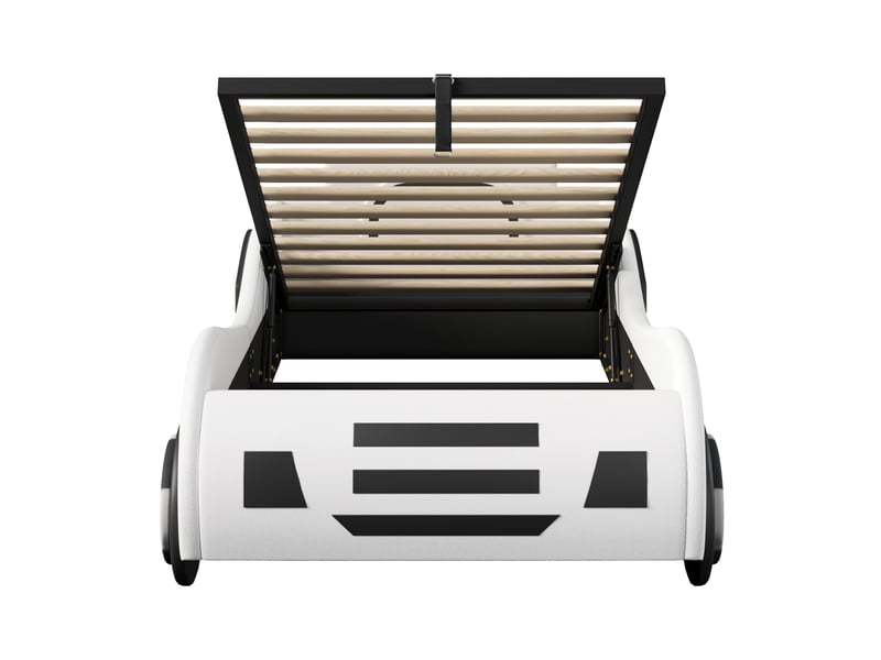 Lit enfant voiture 90 x 200 cm blanc en mdf et pu, sommier à lattes avec rangement hydraulique sous le couchage - Conforama D