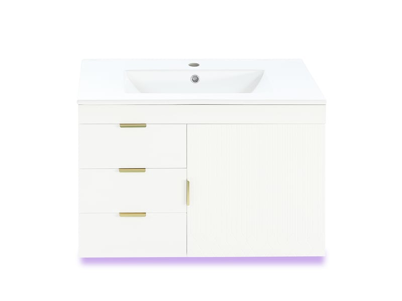 Meuble vasque mural blanc 76 cm avec lavabo, led, appli et soft-close - Conforama A
