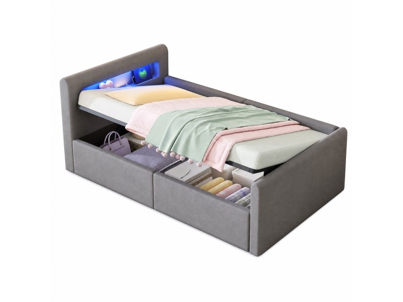  Lit enfant 90x200 cm avec éclairage led et rangement hydraulique en velours gris  - Conforama A