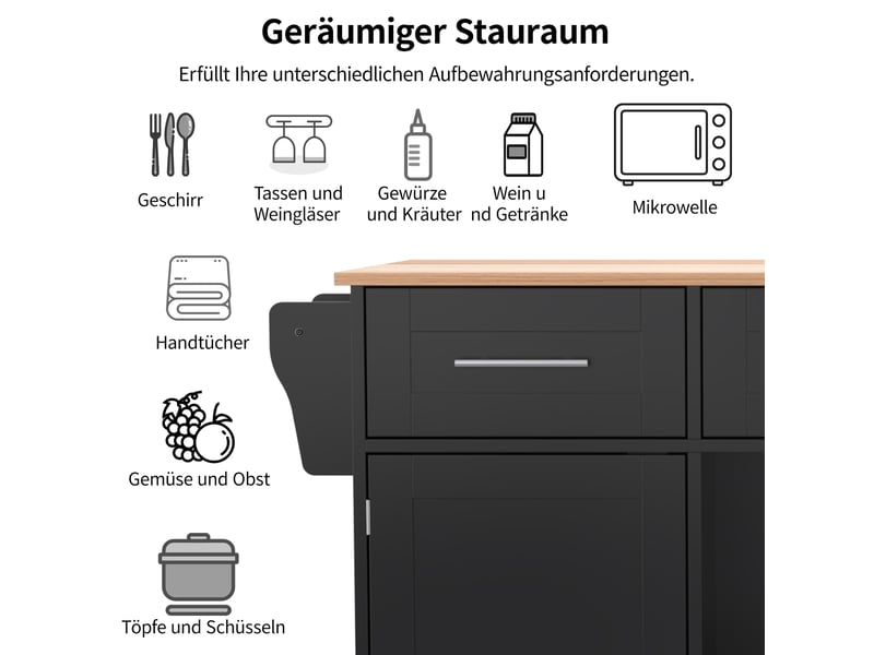  Desserte de cuisine noir et naturel 139 × 4671 × 91,5 cm en mdf, plateau rabattable, rangements, roulettes et pieds bois  - Conforama E