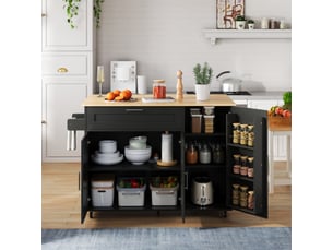 Îlot de cuisine sur roulettes avec plateau rabattable extensible, meuble de rangement design noir et naturel, l132.5xp70xh90cm
