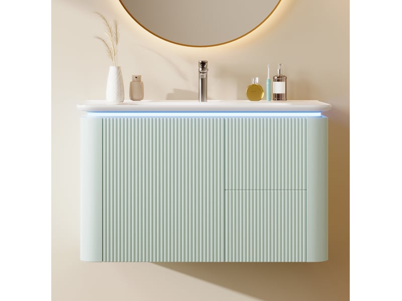 Meuble vasque mural 80,5x47,5x51 cm, led à détection, meuble de salle de bain avec tiroirs, style moderne, mdf vert  - Conforama B