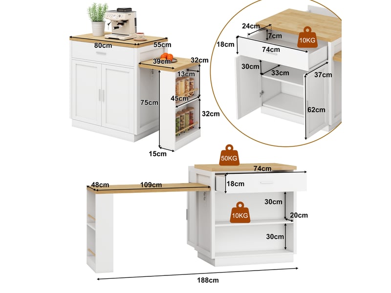  Desserte de cuisine avec table extensible, 2 tiroirs, placard et étagères, prises et ports usb, 188 × 55 × 92 cm  - Conforama D