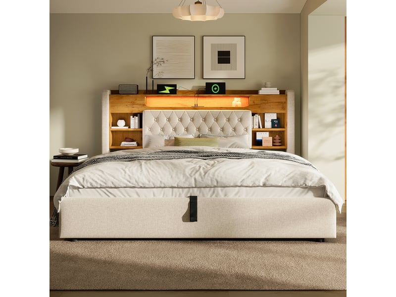  Lit coffre 160x200 cm rembourré avec coffre hydraulique, led, usbtype-c, tête de lit avec étagère et rangement, lin, beige Sol Morn - Conforama D