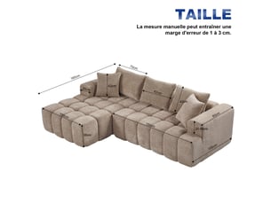 Canapé d'angle 250 cm en velours beige kaki avec méridienne gauche et coussins homvra