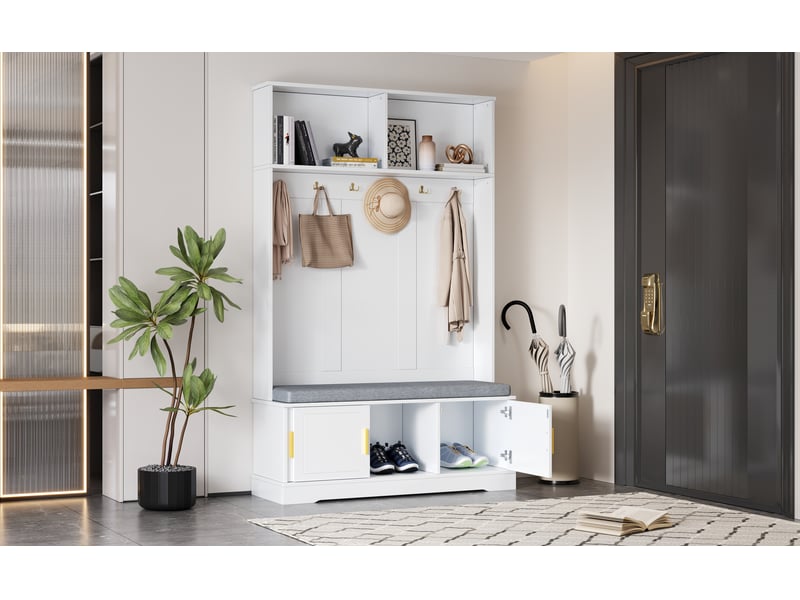  Meuble d'entrée avec banc à chaussures, 6 crochets triples et étagère ouverte de rangement pour hall, blanc 120×40×191 cm  - Conforama E