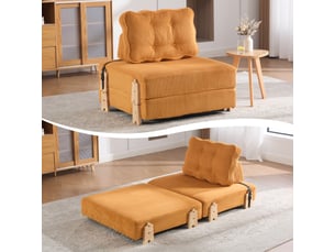 Fauteuil convertible lit single design scandinave cord orange structure bois clair 90x86x84 cm