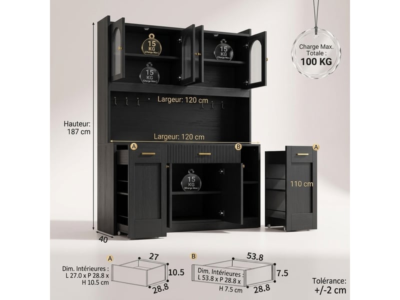  Buffet de cuisine haut noir 120 cm avec led rgb et 3 vitrines en verre  - Conforama C