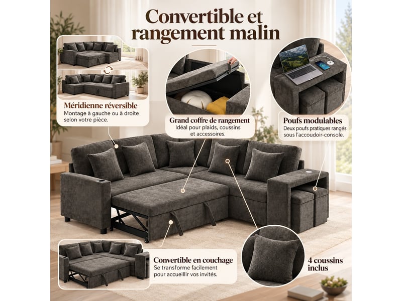  Canapé d'angle réversible convertible 5 places avec coffre, pouf, ports usb-c et porte-gobelets, chenille gris, 220 cm  - Conforama D