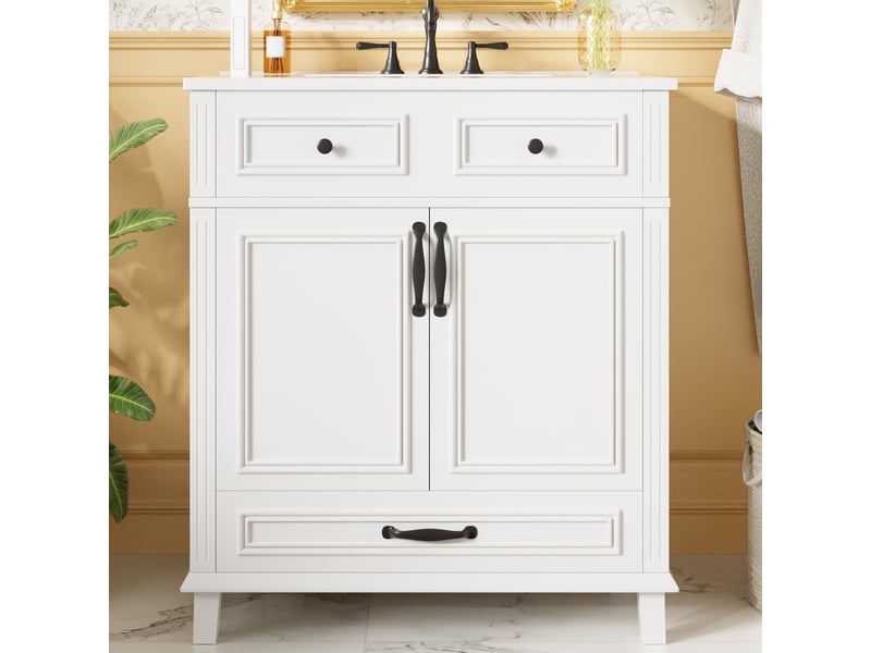  Meuble vasque salle de bain blanc 77 cm avec lavabo céramique intégré, 9 rangements et portes soft-close  - Conforama B